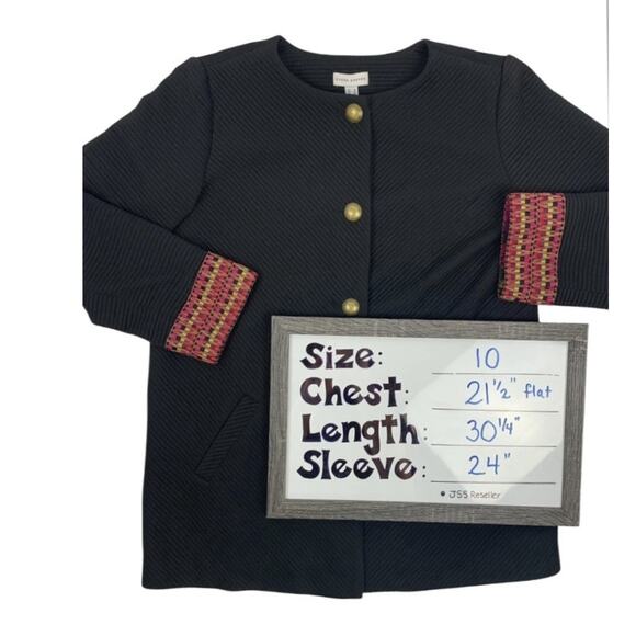 Susan Graver Jacket Black Rib Knit Jacquard Cuff Gold Button Front Womens 10 - Picture 4 of 9